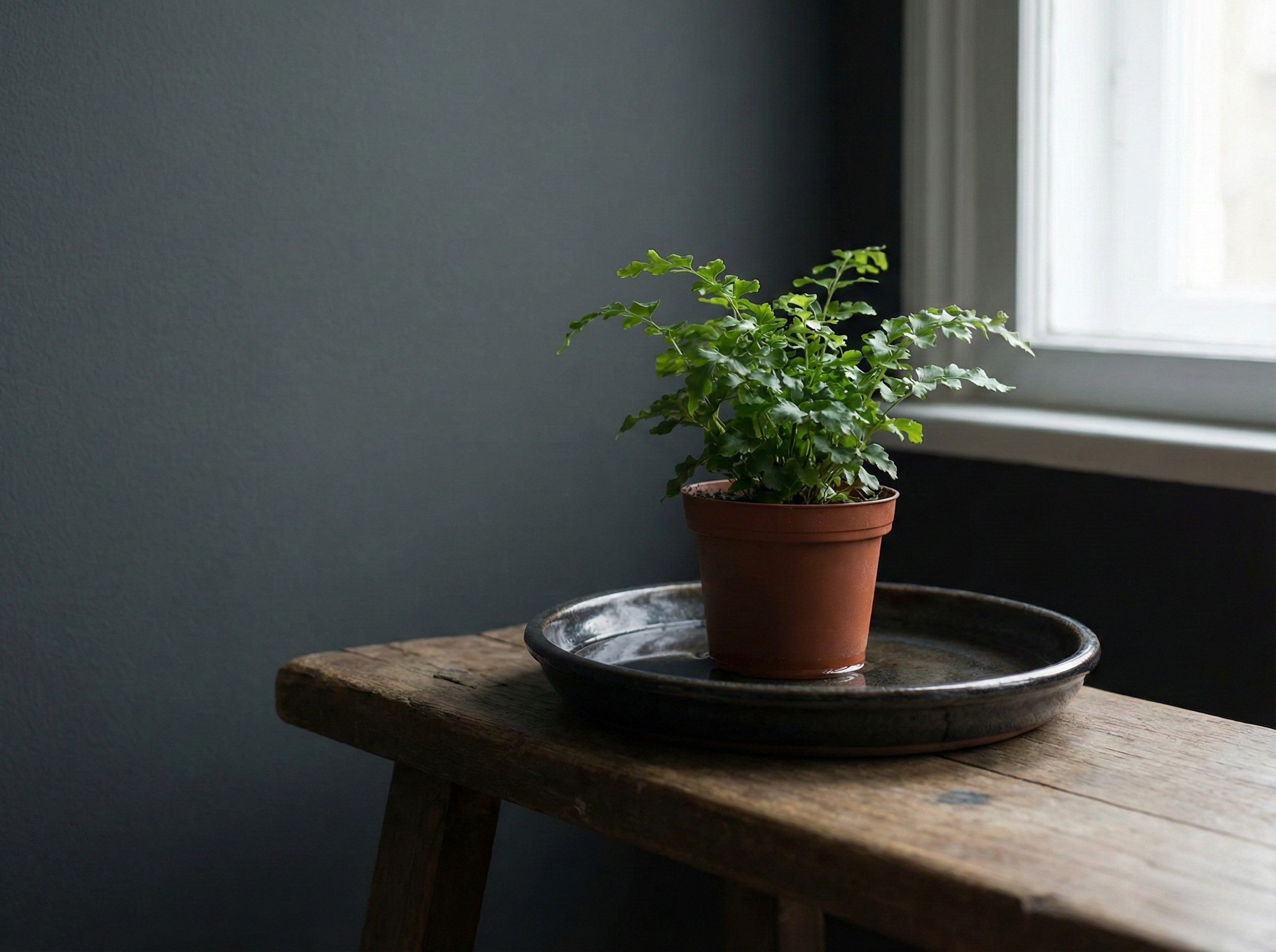 Plant in terracotta pot sitting on a pebble tray with water