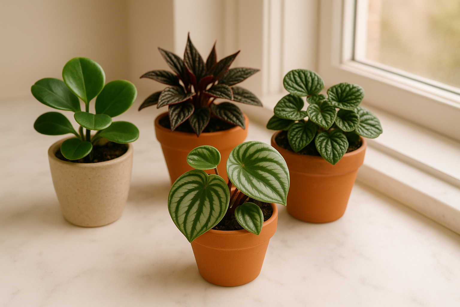 Collection of small peperomia plants in terracotta pots on a windowsill — watermelon, rosso, and baby rubber plant varieties