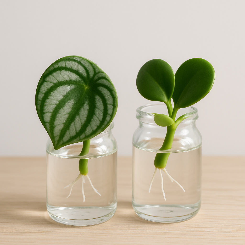 Peperomia leaf cuttings in small glass of water with visible white roots emerging — propagation progress