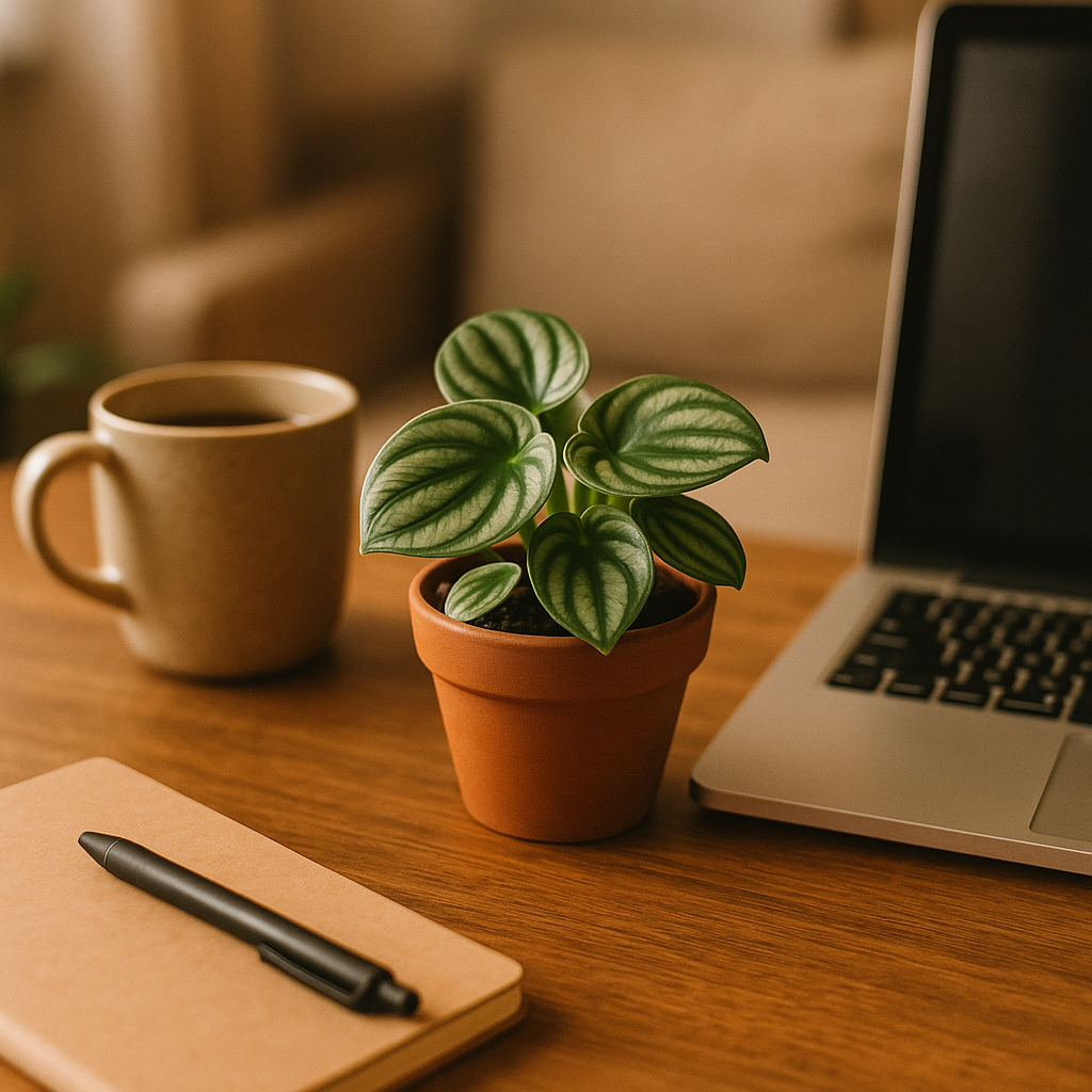 Small peperomia plant on a wooden apartment desk next to a laptop and coffee mug, showing compact size in a real living space