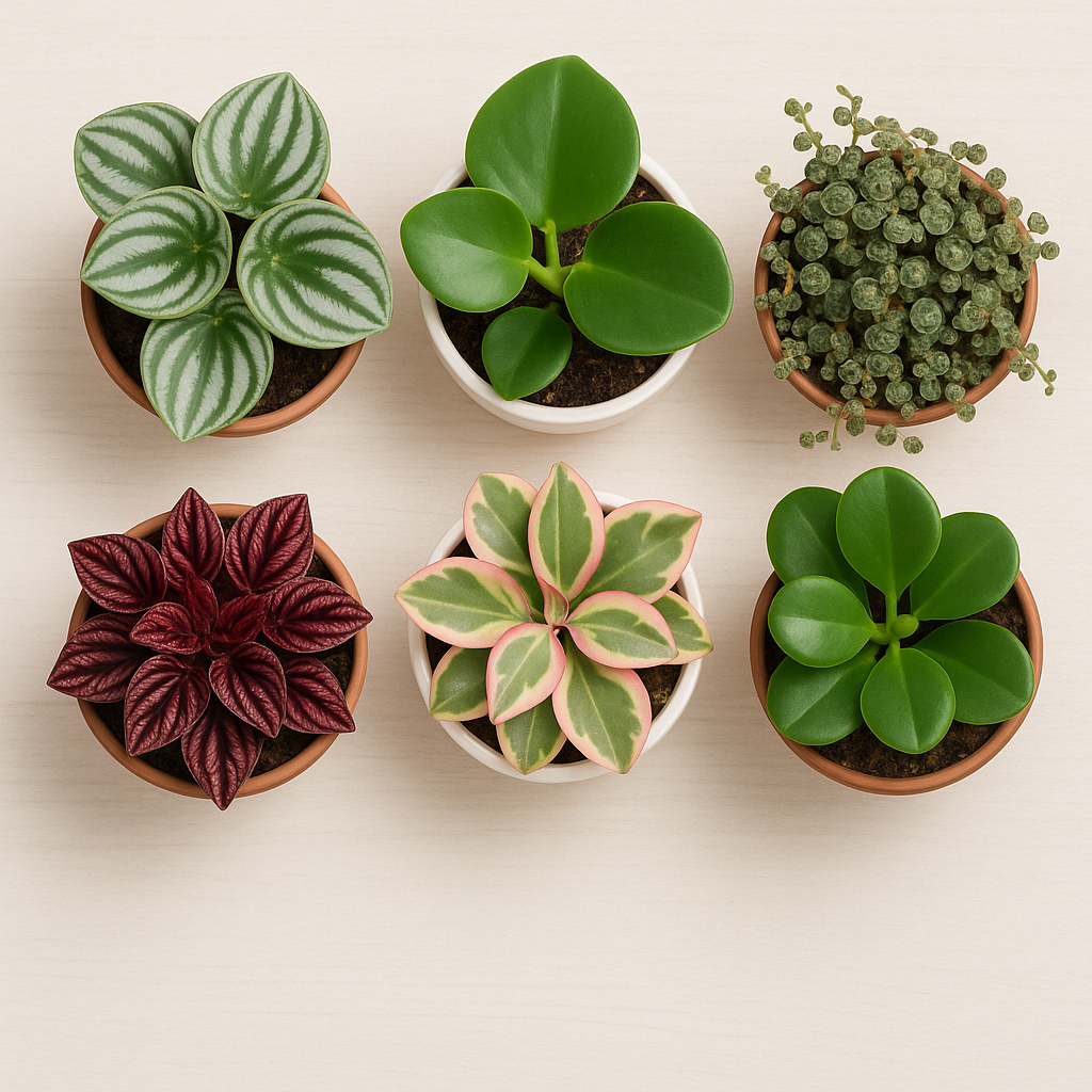 Six peperomia varieties arranged side by side showing diversity of leaf shapes and colors — watermelon, raindrop, string of turtles, rosso, jelly, and hope peperomia