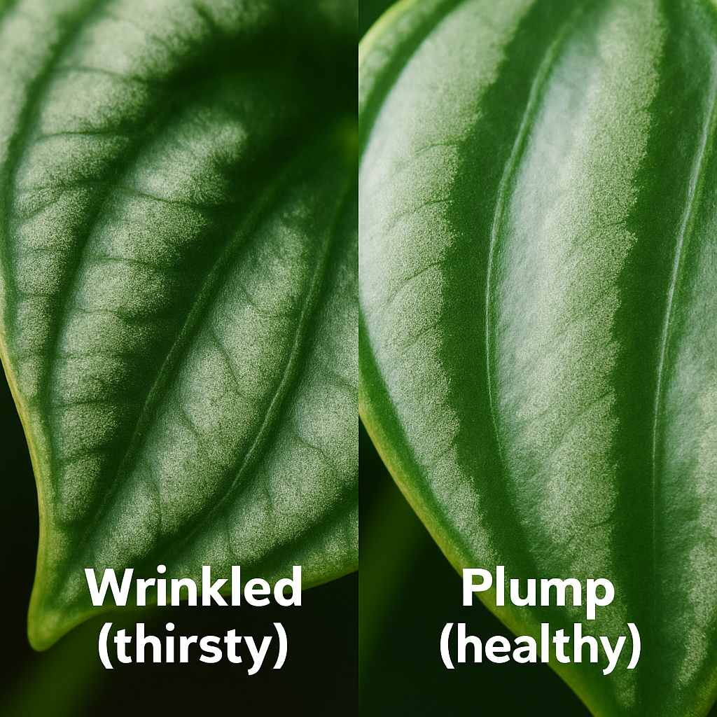 Close-up of slightly wrinkled peperomia leaf indicating the plant needs water — semi-succulent watering signal