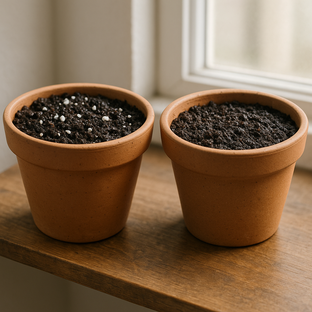 Two terracotta pots side by side showing perlite floated to top of soil versus pumice that stays mixed in