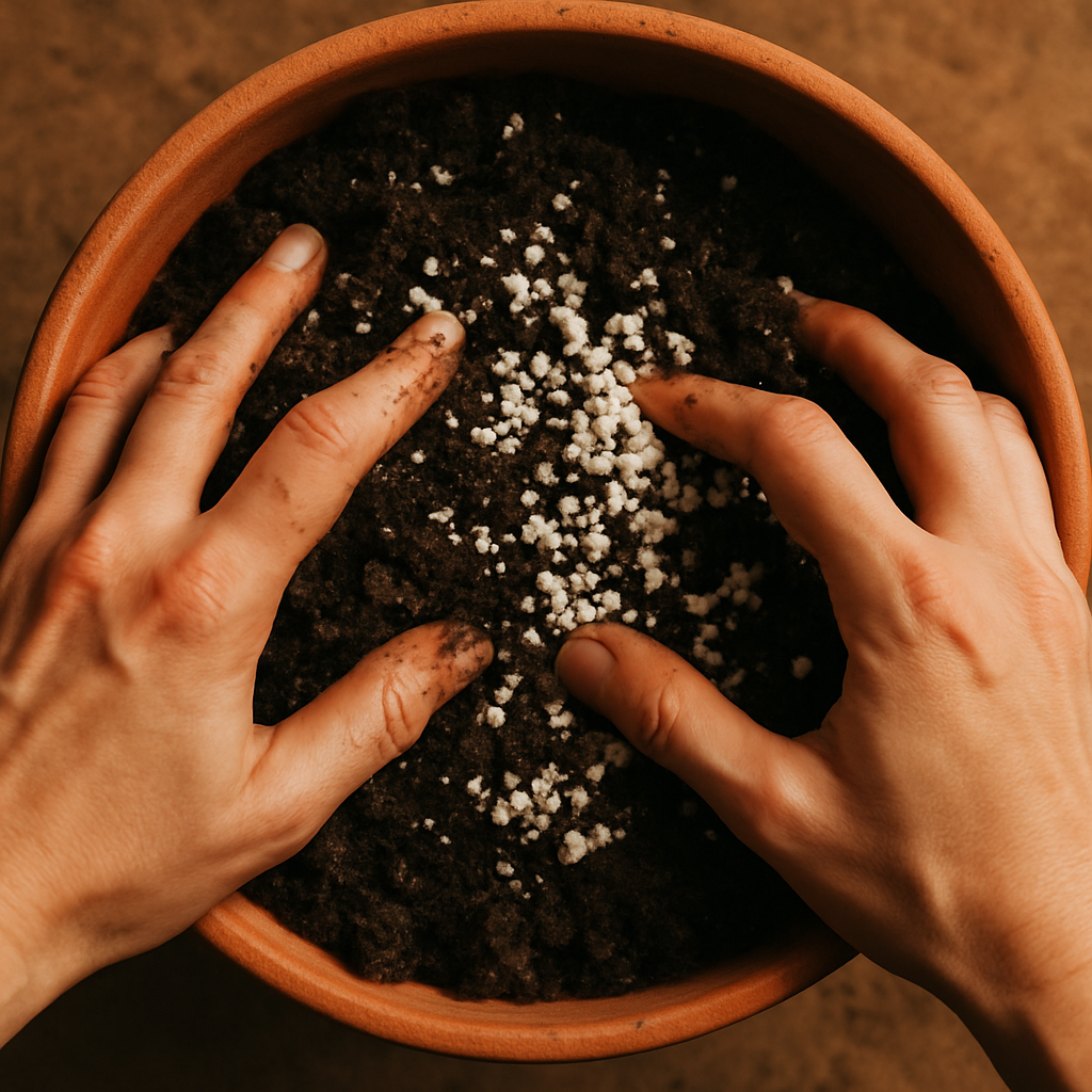 Hands mixing perlite into dark potting soil in a terracotta pot
