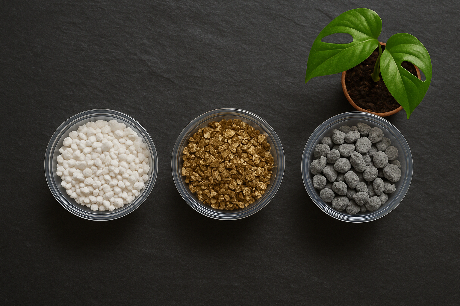 Three soil amendments side by side: perlite, vermiculite, and pumice in small white cups on a dark slate surface, clearly showing their different textures and colors