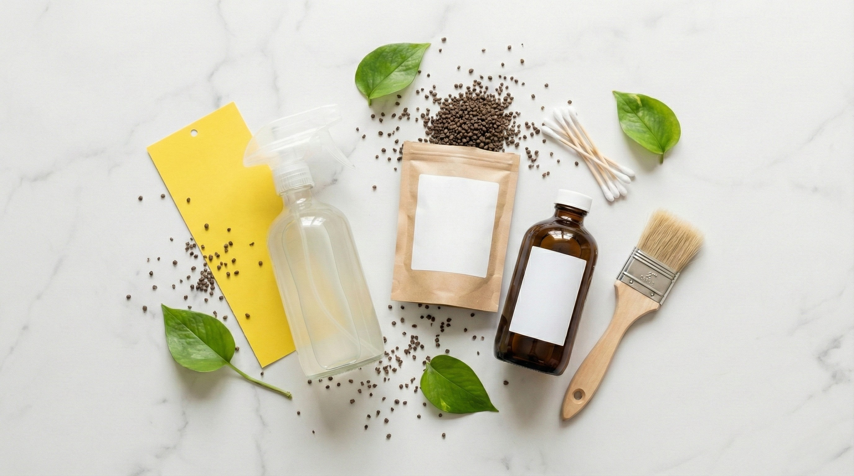 Flat lay of pest control supplies: yellow sticky trap, spray bottle, mosquito bits, rubbing alcohol, cotton swabs, and brush on marble