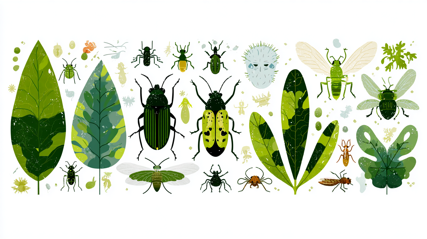 Botanical illustration of common houseplant pests and leaves