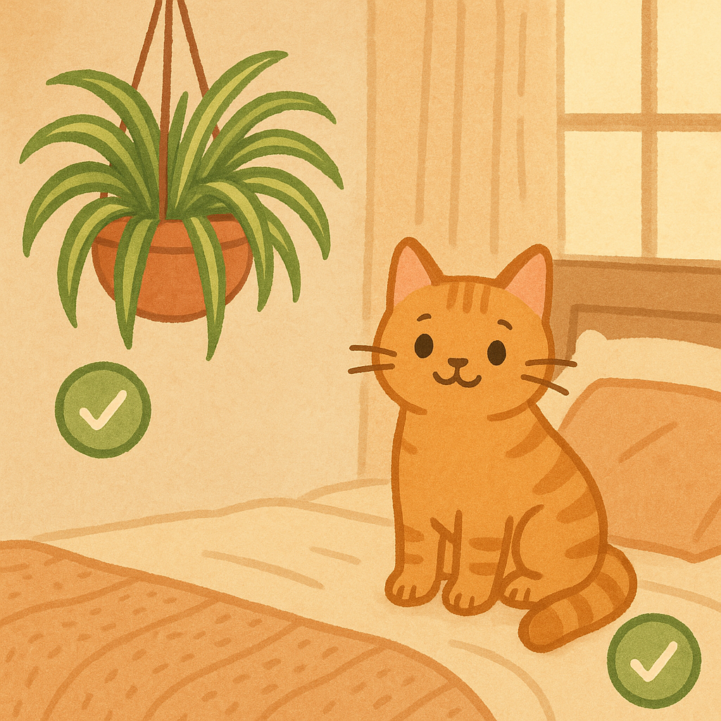 Happy cat with pet-safe spider plant, checkmark icons for safe plants