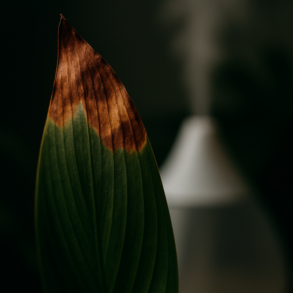 Close-up macro shot of philodendron leaf with brown crispy tips, humidifier visible in background