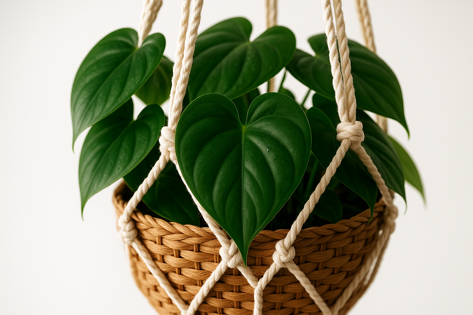 Lush heartleaf philodendron trailing from a hanging macrame basket with healthy, glossy green heart-shaped leaves