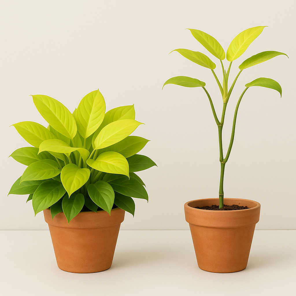 Full bushy Philodendron Moonlight plant with multiple chartreuse leaves growing in a pot beside a sparse leggy unpruned specimen