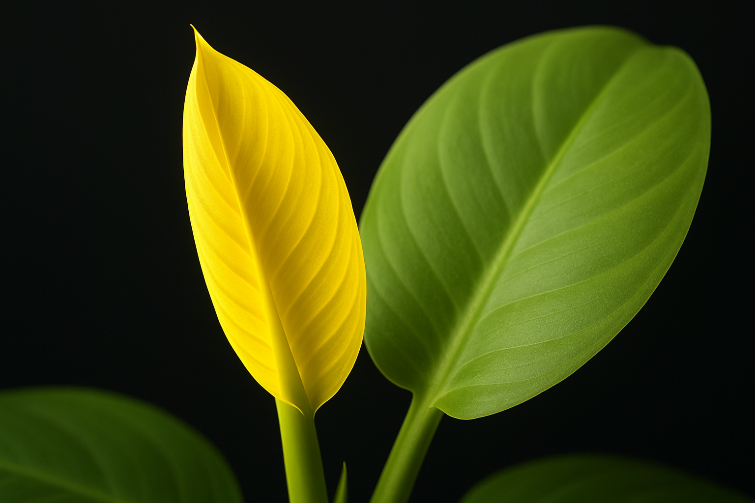 Philodendron Moonlight new leaf unfurling in bright chartreuse yellow beside mature lime-green leaf showing natural color gradient
