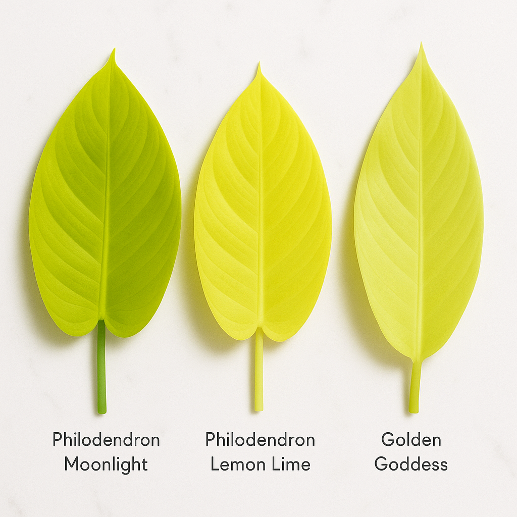 Flatlay comparison of Philodendron Moonlight chartreuse leaf beside Philodendron Lemon Lime yellow-green leaf and Golden Goddess lime foliage