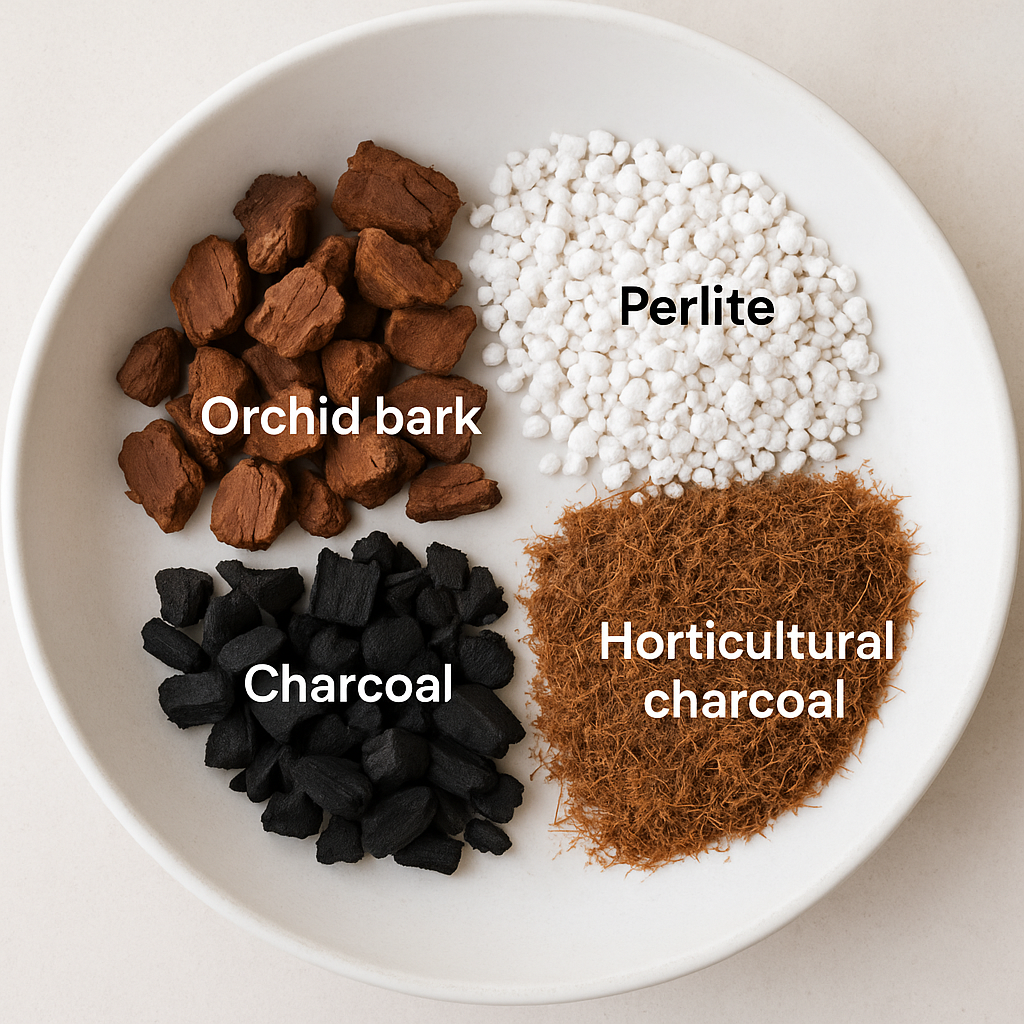 Chunky aroid soil mix ingredients laid out for Philodendron Moonlight repotting — orchid bark, perlite, coco coir, horticultural charcoal