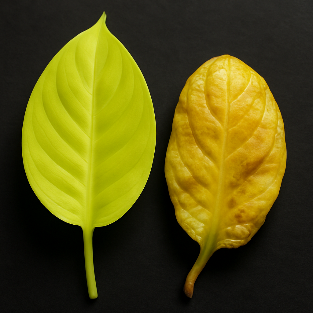 Philodendron Moonlight leaf comparison — bright chartreuse new growth leaf healthy and firm beside an overwatered yellow mushy leaf showing root rot