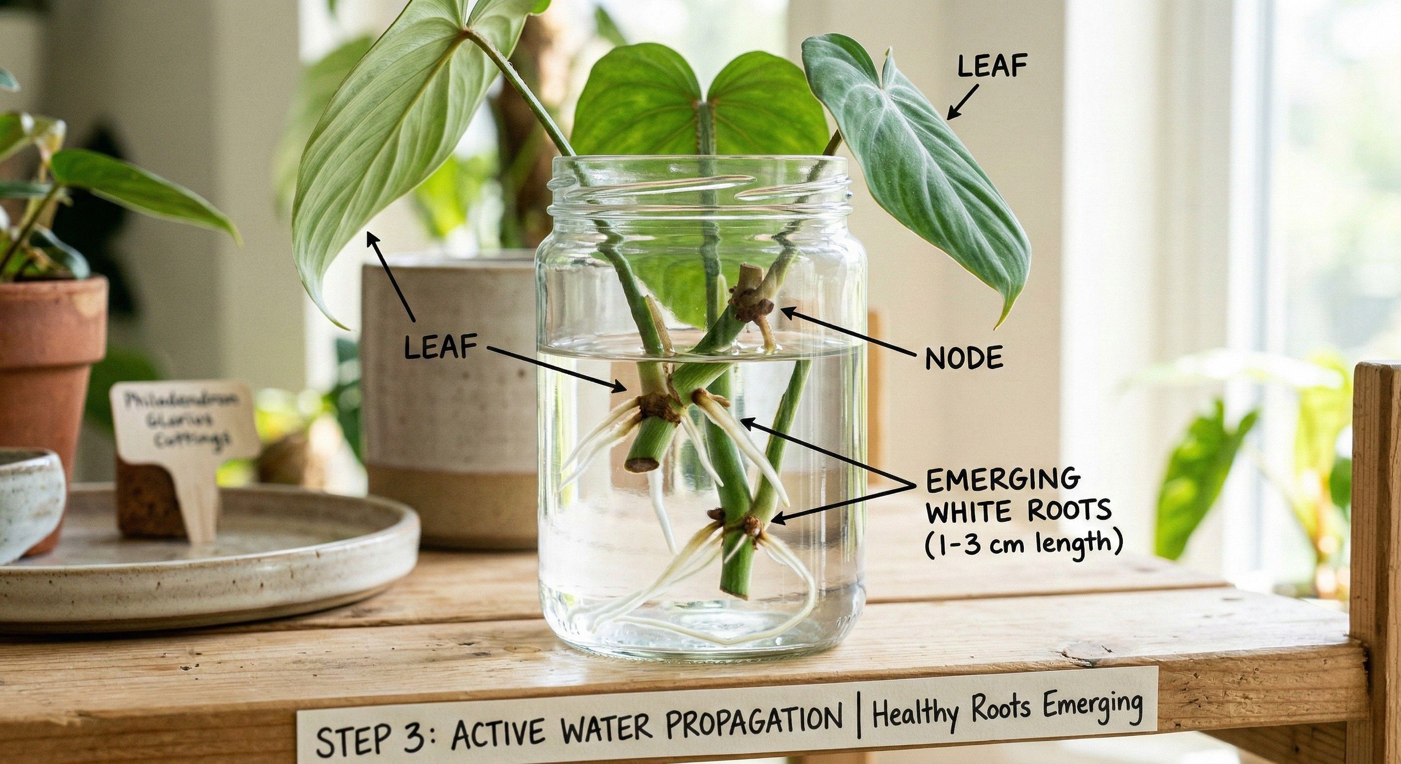 Philodendron stem cuttings in clear glass jar of water showing root development with visible nodes