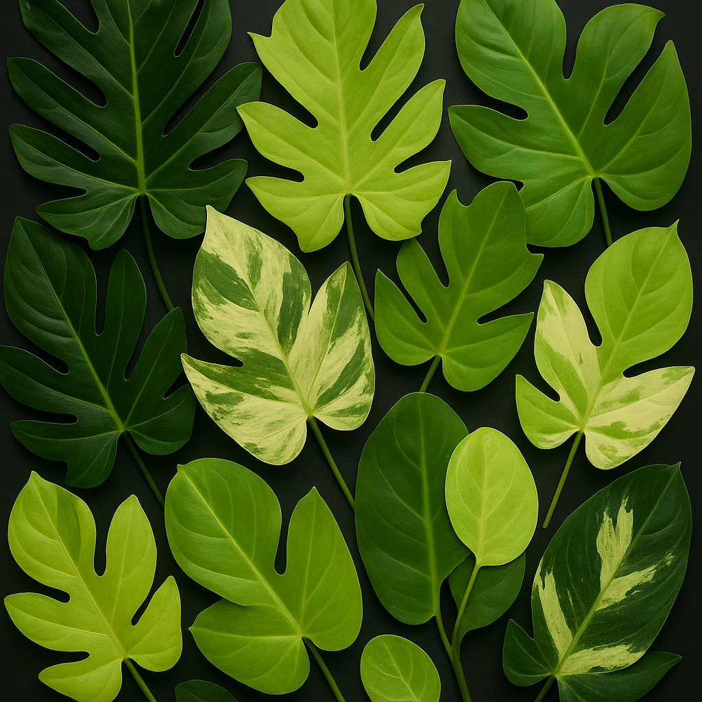Flatlay comparison of philodendron varieties including Heartleaf, Brasil, Birkin, and Selloum leaves showing diverse leaf shapes and variegation
