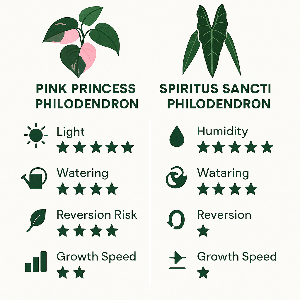 Care difficulty comparison chart rating Pink Princess and Spiritus Sancti on light needs, humidity, watering tolerance, reversion risk, and growth speed