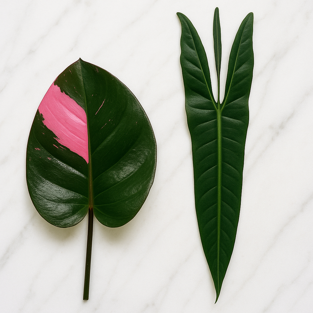 Close-up comparison of Pink Princess variegated leaf showing pink and green patches, beside Spiritus Sancti elongated strap leaf with deep lobes