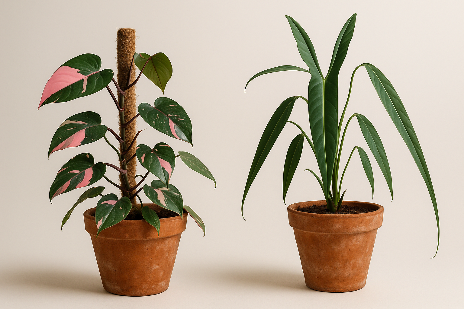 Side-by-side mature Pink Princess and Spiritus Sancti philodendron plants in terracotta pots, showing dramatic difference in leaf shape and size