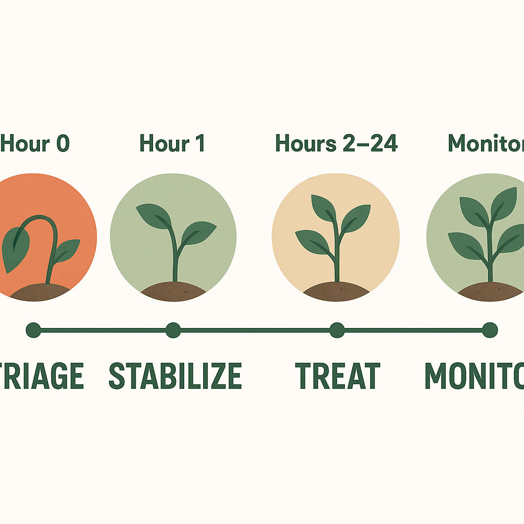 48-hour plant emergency timeline showing Hour 0 triage, Hour 1 stabilize, Hour 2-24 treat, and Hour 24-48 monitor phases