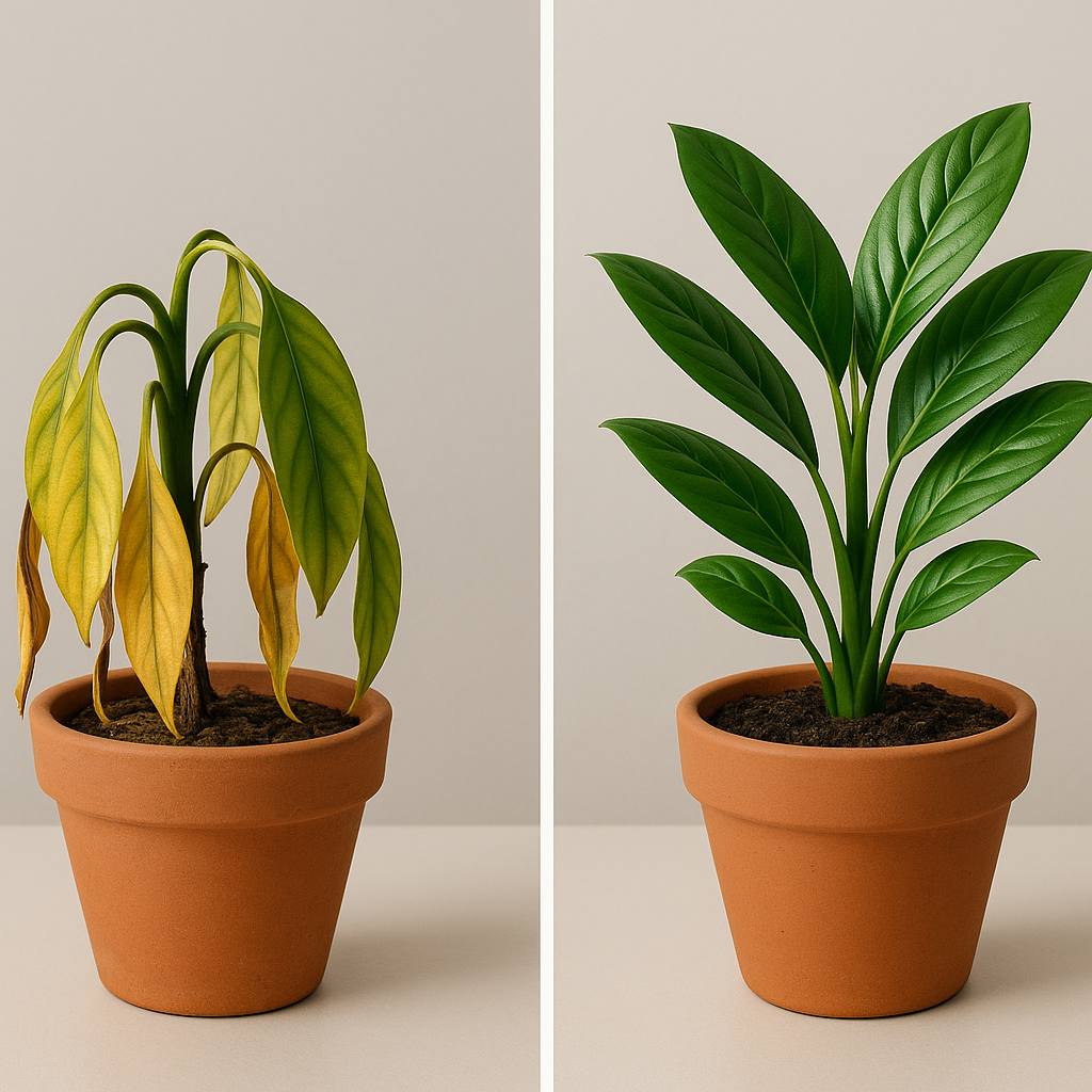 Before and after plant rescue: Hour 0 dying plant vs Hour 48 recovering plant — side by side comparison