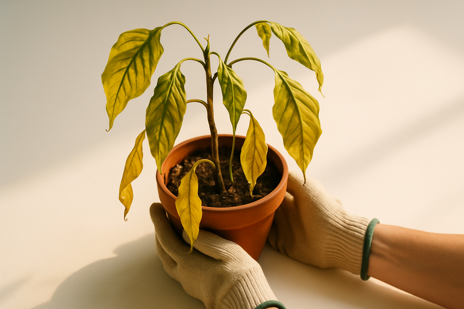 Drooping houseplant being rescued — hands holding a distressed potted plant with yellowing leaves, set against a clean white background with emergency visual cues