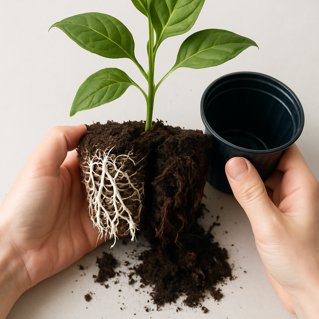Hands unpotting a plant to inspect roots for root rot — white healthy roots vs brown mushy roots comparison