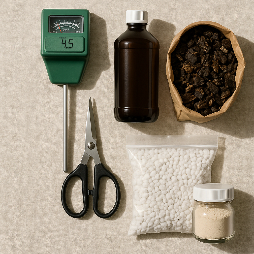 Emergency plant kit flat lay: moisture meter, hydrogen peroxide bottle, pruning shears, fresh potting mix, perlite, and rooting hormone