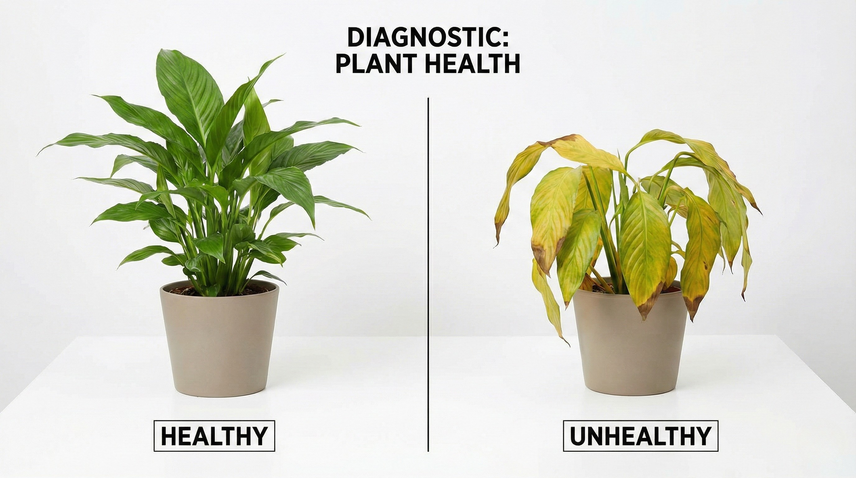 Houseplant with visible problems next to healthy plant comparison