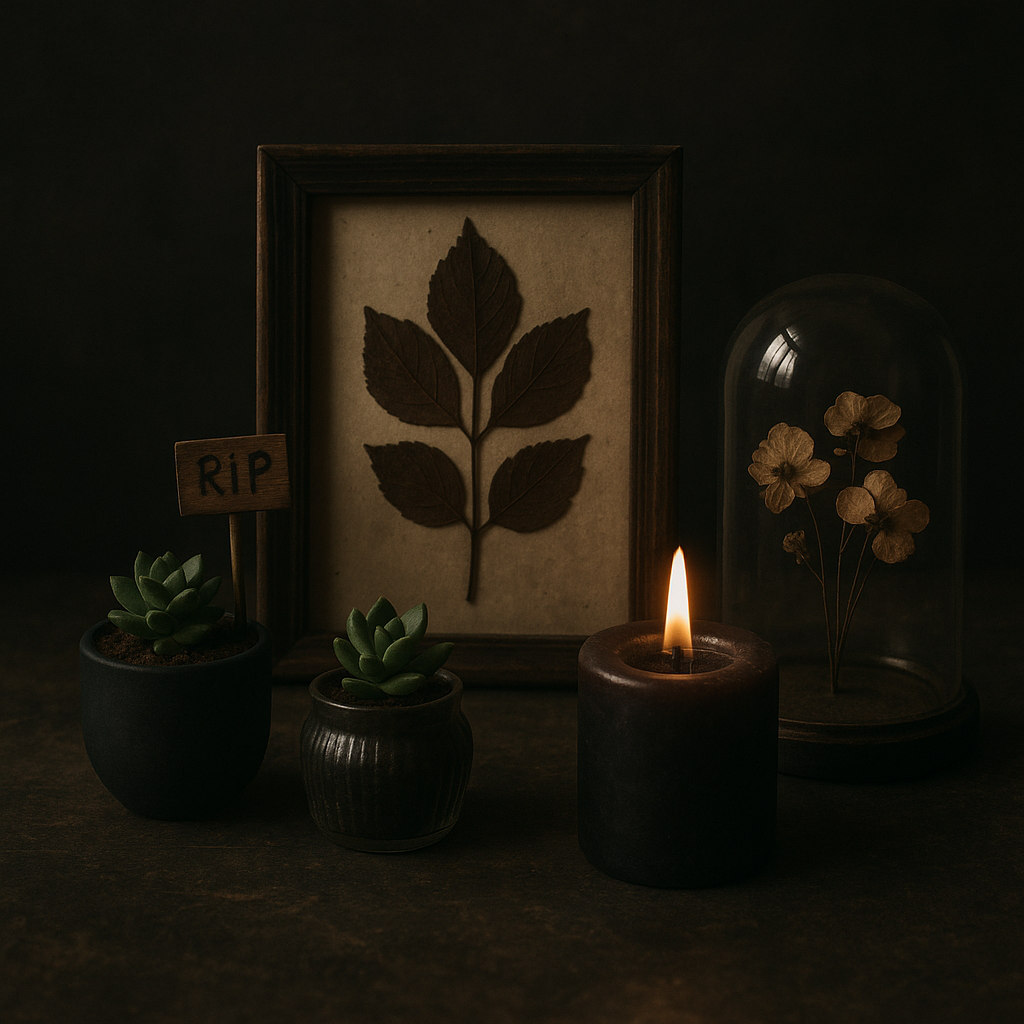 A gentle, respectful memorial scene with pressed leaves, small succulents in tiny pots, and a candle on a dark surface
