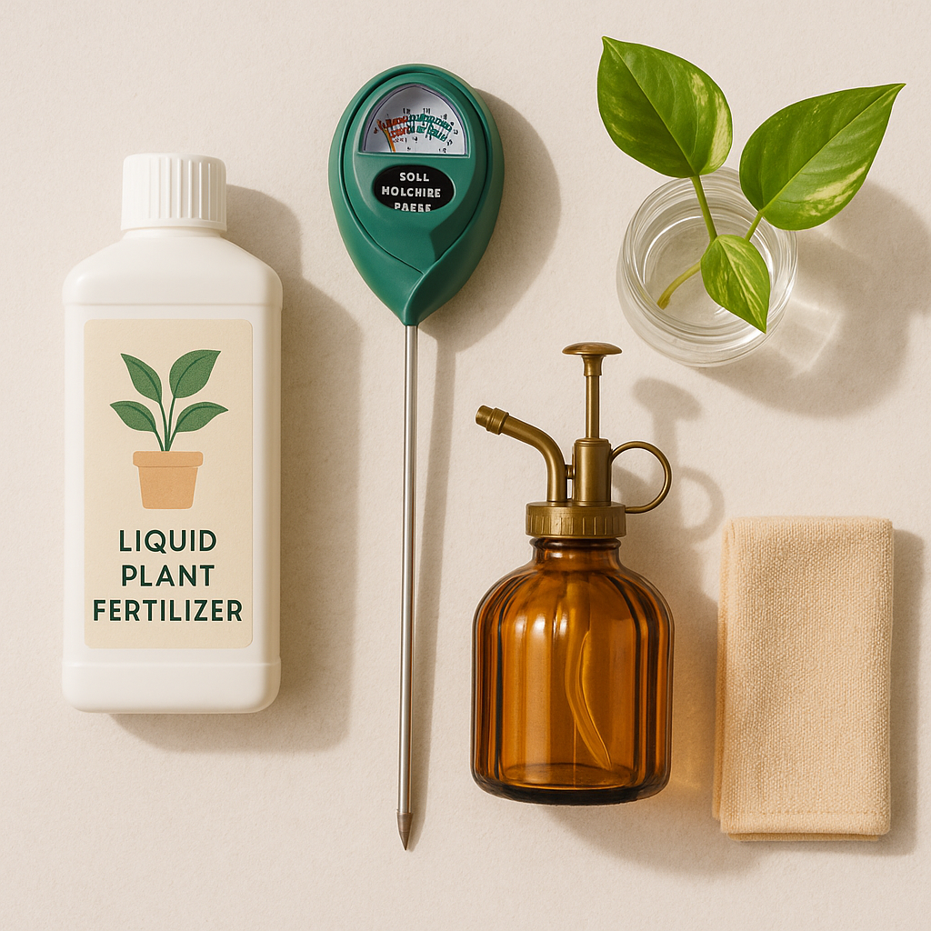 Flat lay of 5 plant care items representing quick-win tips: fertilizer bottle, moisture meter, plant mister, spray cloth, and a small pothos cutting