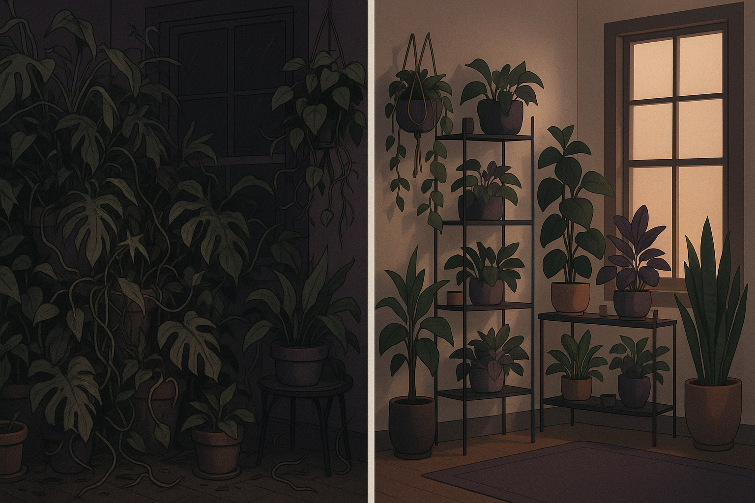A stylized illustration showing the transformation from chaotic plant overwhelm to an organized, thriving collection — a plant hoarding intervention in visual form
