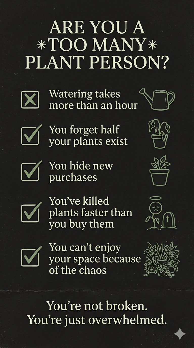 Shareable graphic checklist showing the warning signs of plant hoarding in a witty, relatable style