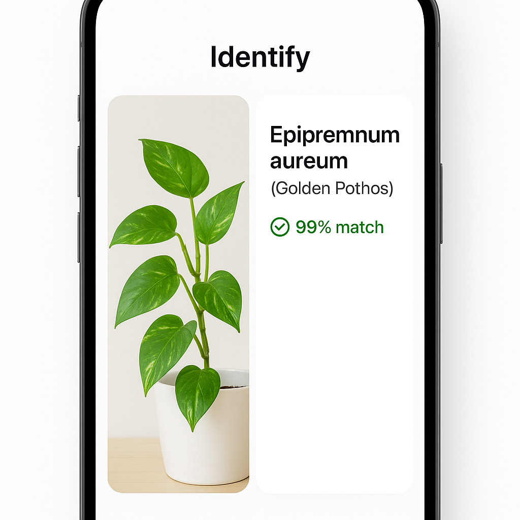 Phone screen showing a plant identification app result with a mystery plant photo beside the identification result — PlantNet or PictureThis interface