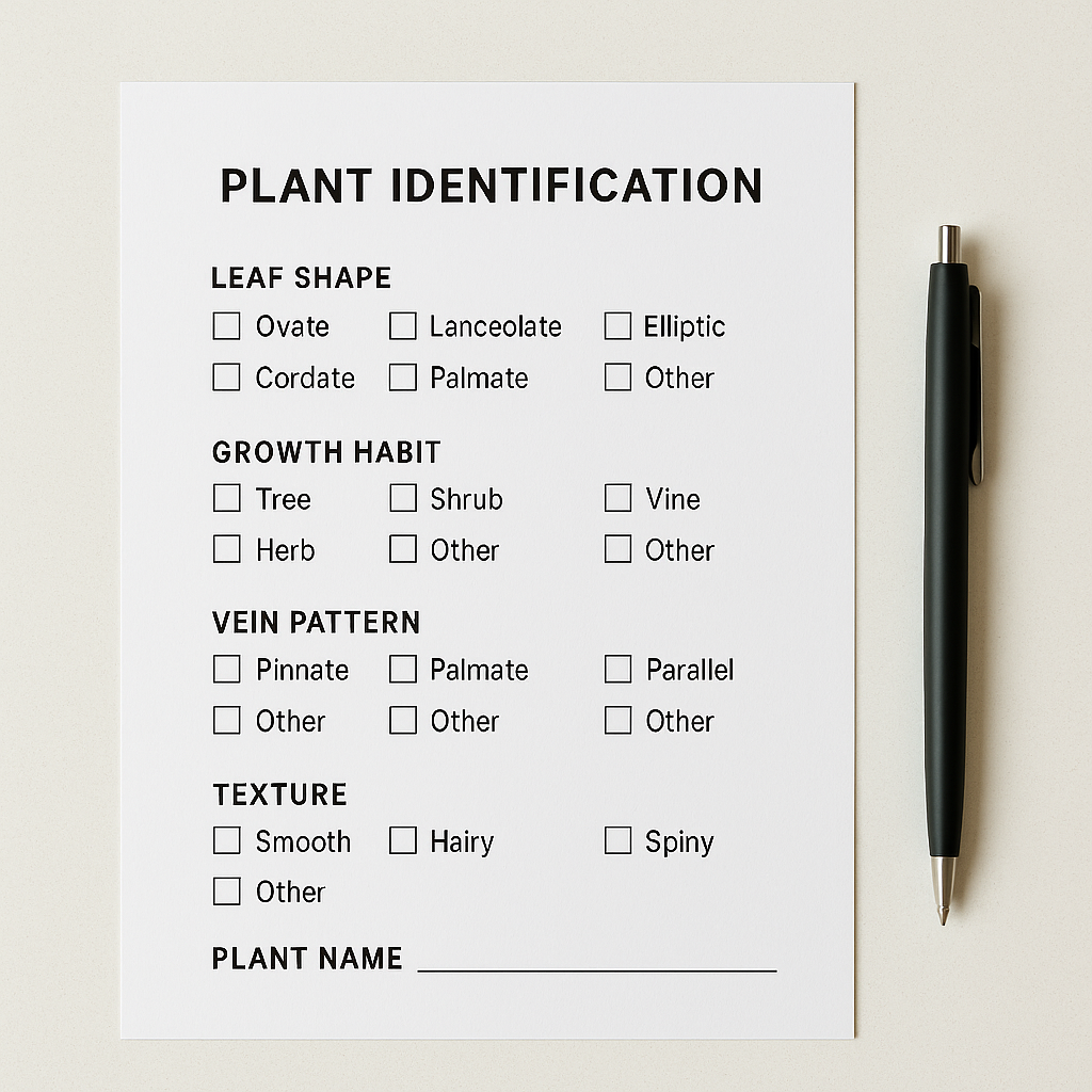 Preview of a printable plant identification worksheet checklist with fill-in fields for leaf shape, growth habit, vein pattern, texture, and plant name