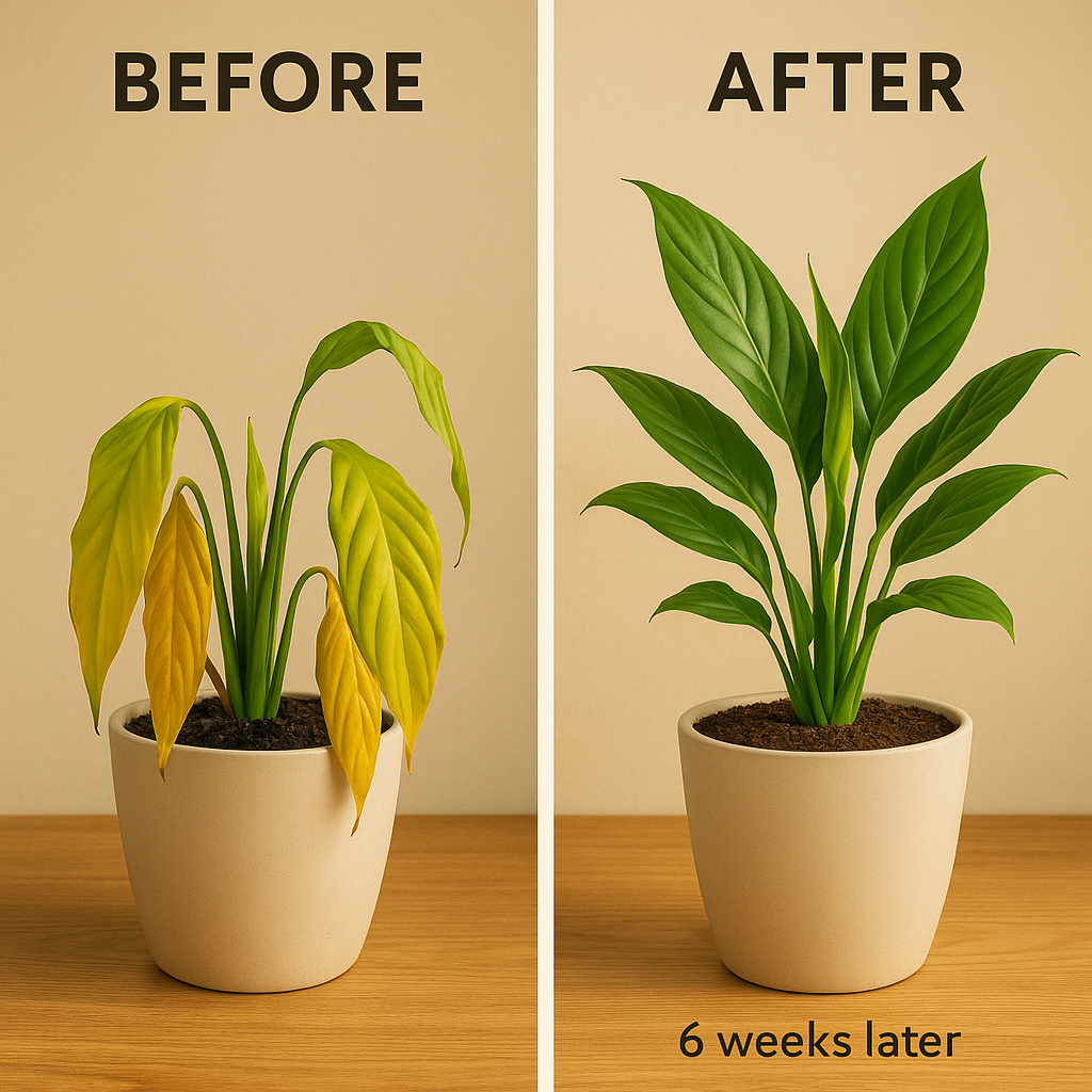 Before and after comparison showing overwatered plant recovering after repotting