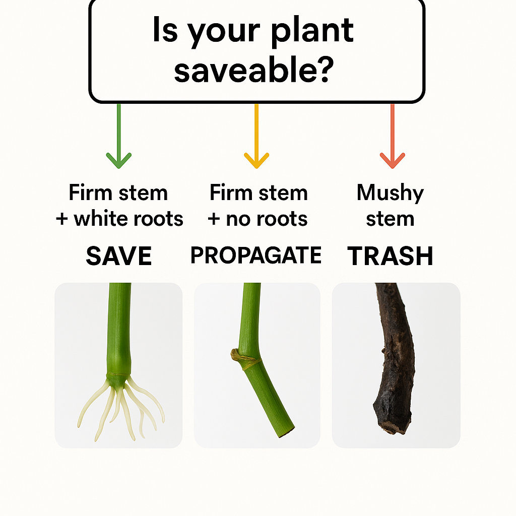 Decision tree diagram showing three paths: save (firm stem + white roots), propagate (firm stem + no roots), or trash (mushy stem)
