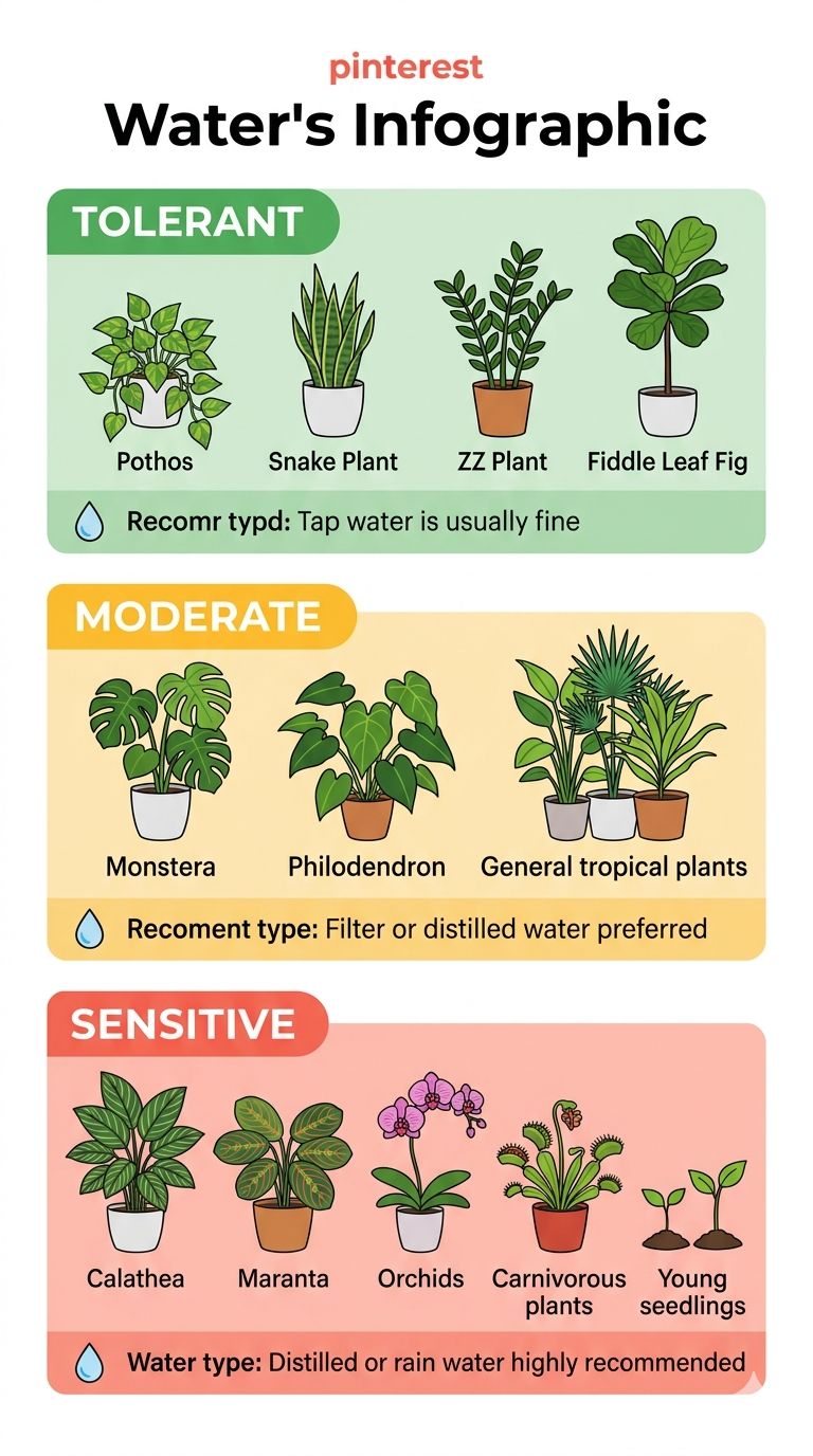 Three-tier infographic showing plant water sensitivity levels: Tolerant (Pothos, Snake Plant, ZZ Plant), Moderate (Monstera, Philodendron), and Sensitive (Calathea, Maranta, Orchids)