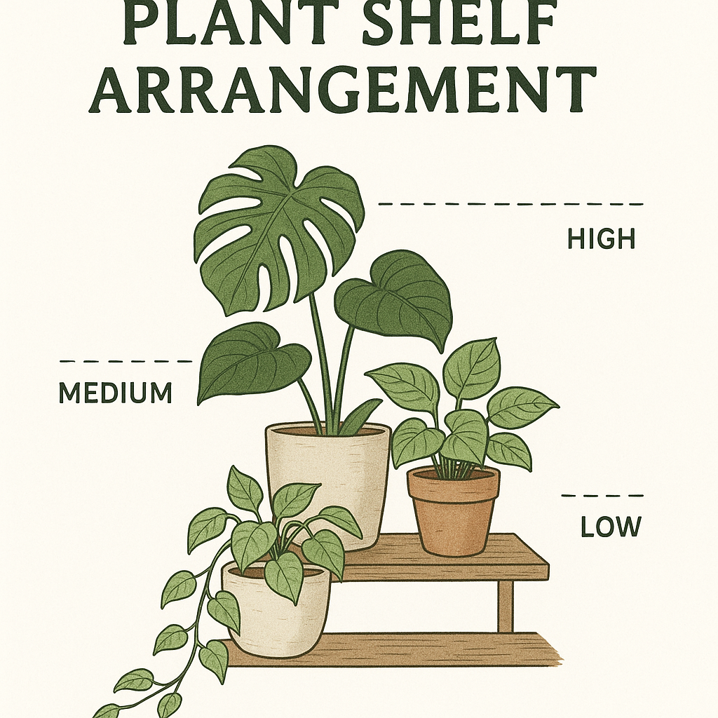Plant shelf height rule diagram showing tall plants in back, medium in middle, trailing plants in front