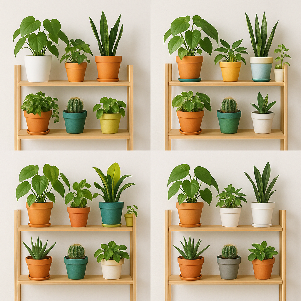 Three plant shelf looks side by side showing all white pots, all different pots, and three color curated palette with same plants