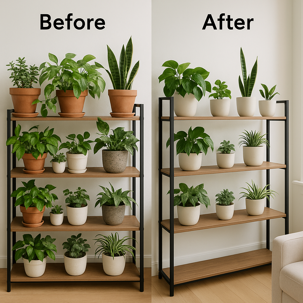 Cluttered plant shelf before styling with all same height plants random pots next to fixed shelf with height variation unified colors breathing room