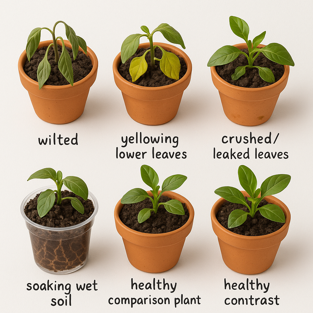 Grid of six plant photos showing common shipping damage: wilted from dehydration, yellowing leaves, crushed leaves, overwatered soil, root rot, and a healthy plant for comparison