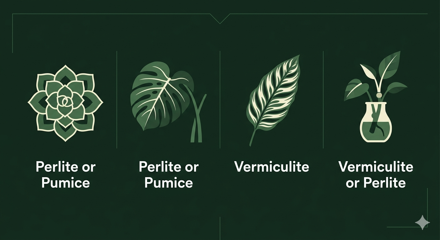 Infographic showing which soil amendment to use for different houseplant types: succulents, aroids, ferns, and propagation