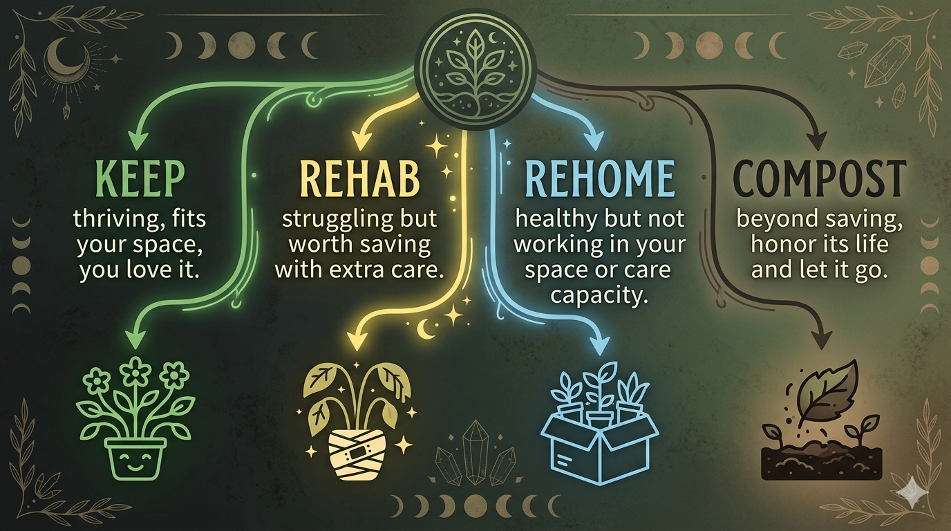 Visual decision tree infographic showing Keep, Rehab, Rehome, and Compost paths for triaging a houseplant collection