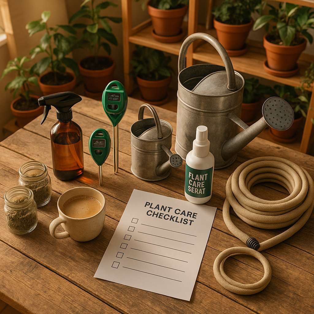 An organized Saturday morning scene with watering cans, plant care tools, and a checklist on a rustic wooden table
