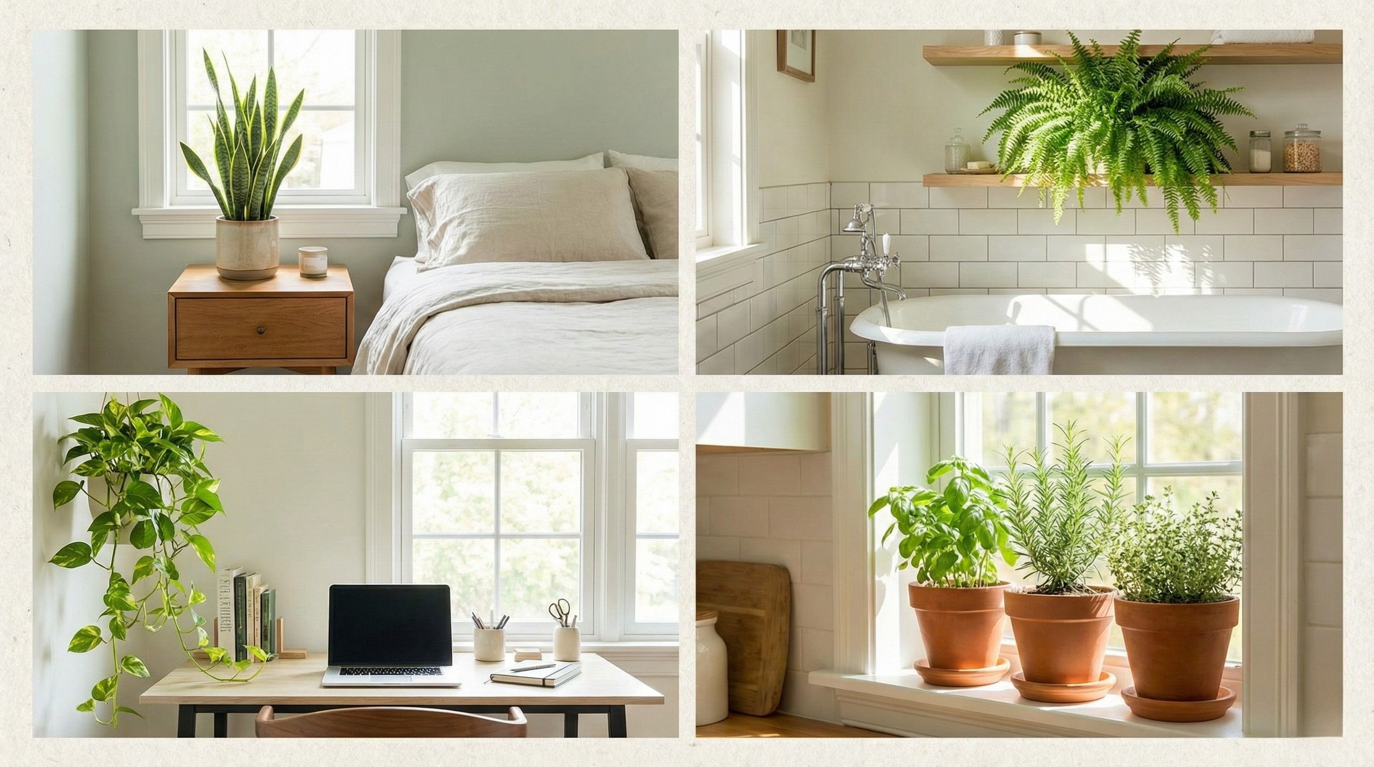 Different rooms with matching plants: bathroom ferns, bedroom snake plant, office pothos