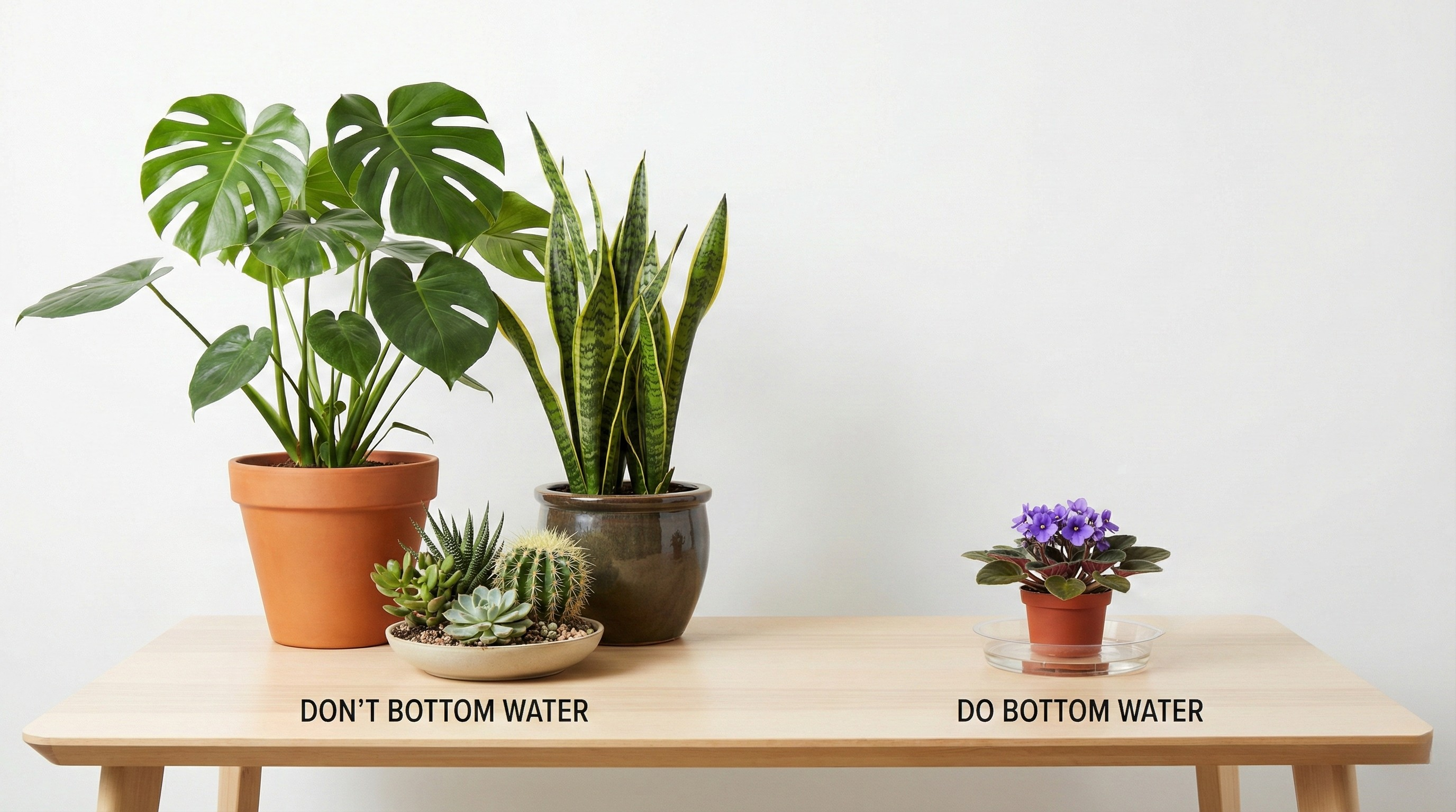 Large pots and deep-rooted plants that don't benefit from bottom watering
