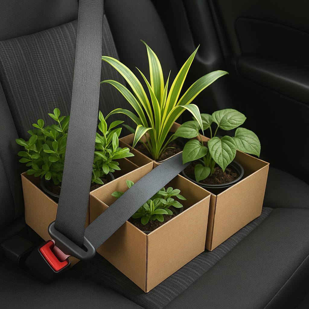 Packed plant boxes secured in car back seat with seatbelt fastened across them