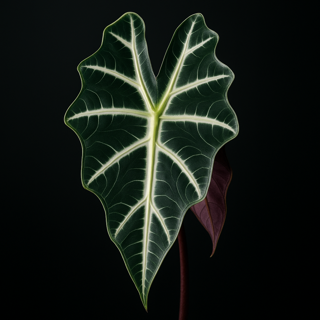 Alocasia Polly leaf showing African Mask pattern with white veining on dark green